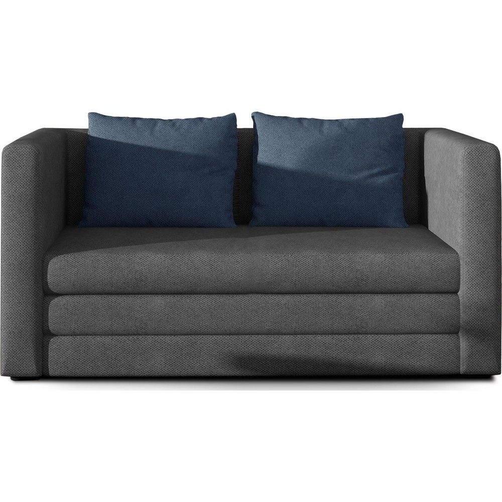 Canapé 2 places convertible - Gris foncé et coussins bleus - en tissu de qualité luxe, NELSON Canapé 2 places convertible - Gris foncé et coussins bleus - en tissu de qualité luxe, NELSON