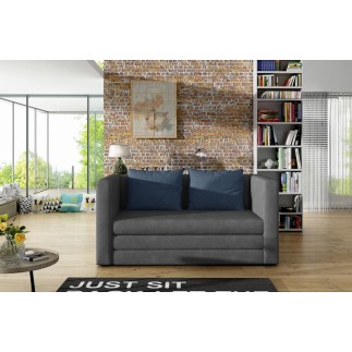 Canapé 2 places convertible - Gris foncé et coussins bleus - en tissu de qualité luxe, NELSON