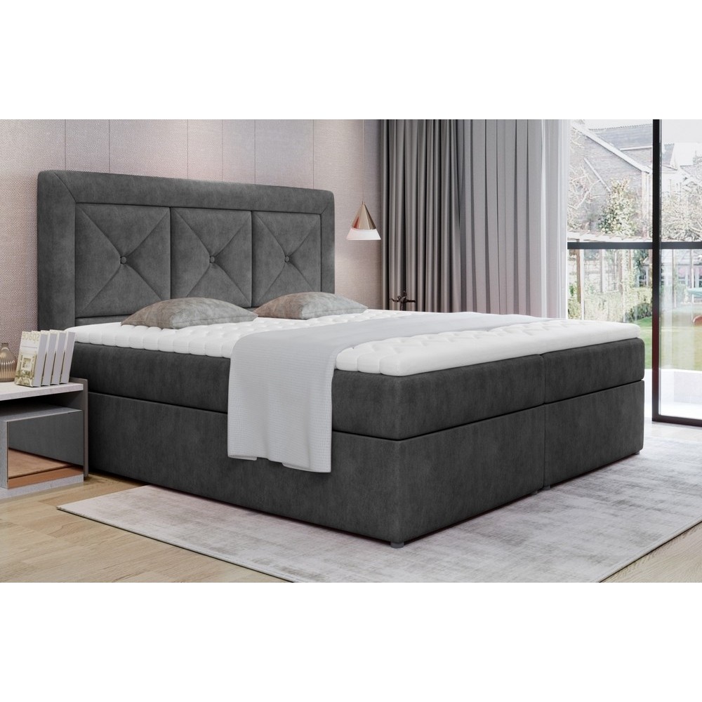 Ensemble boxspring complet tête de lit + sommiers + matelas + surmatelas IDYLLE - tissu luxe gris foncé - 140x200 cm Ensemble boxspring complet tête de lit + sommiers + matelas + surmatelas IDYLLE - tissu luxe gris foncé - 140x200 cm