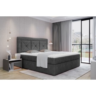 Ensemble boxspring complet tête de lit + sommiers + matelas + surmatelas IDYLLE - tissu luxe gris foncé - 140x200 cm