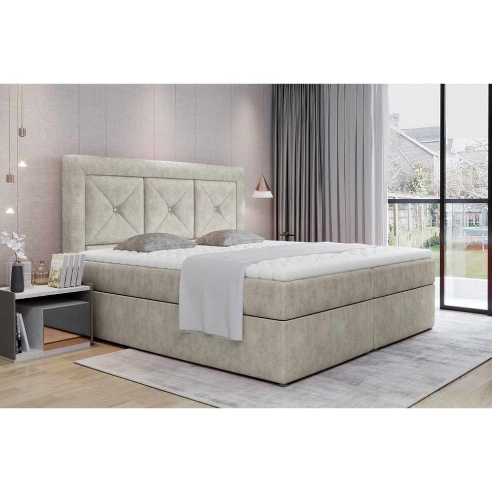 Ensemble boxspring complet tête de lit + sommiers + matelas + surmatelas IDYLLE - tissu luxe beige - 140x200 cm Ensemble boxspring complet tête de lit + sommiers + matelas + surmatelas IDYLLE - tissu luxe beige - 140x200 cm