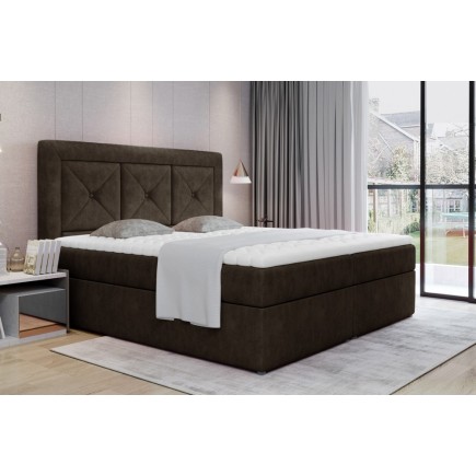 Ensemble boxspring complet tête de lit + sommiers + matelas + surmatelas IDYLLE - tissu luxe chocolat - 140x200 cm