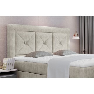 Ensemble boxspring complet tête de lit + sommiers + matelas + surmatelas IDYLLE - tissu luxe beige - 160x200 cm