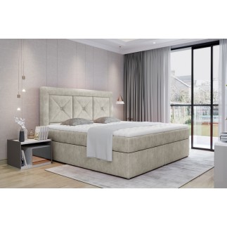 Ensemble boxspring complet tête de lit + sommiers + matelas + surmatelas IDYLLE - tissu luxe beige - 180x200 cm