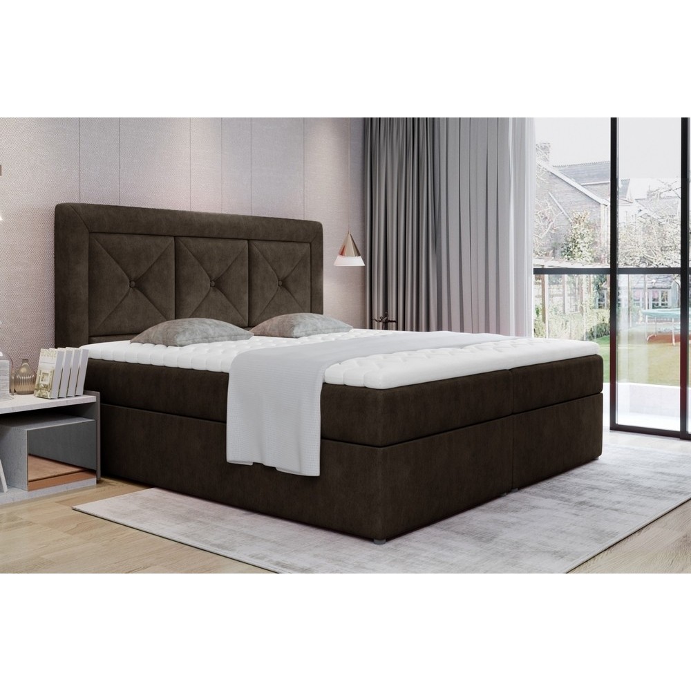 Ensemble boxspring complet tête de lit + sommiers + matelas + surmatelas IDYLLE - tissu luxe chocolat - 160x200 cm Ensemble boxspring complet tête de lit + sommiers + matelas + surmatelas IDYLLE - tissu luxe chocolat - 160x200 cm