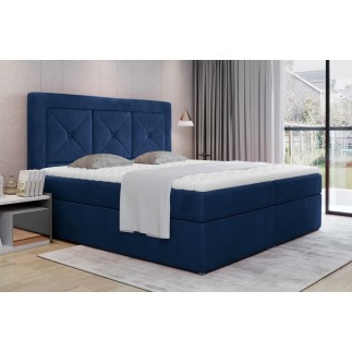 Ensemble boxspring complet tête de lit + sommiers + matelas + surmatelas IDYLLE - velours luxe bleu - 140x200 cm
