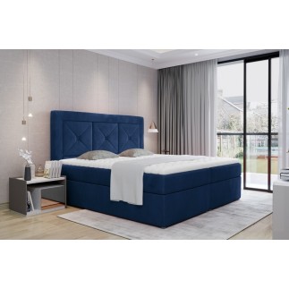 Ensemble boxspring complet tête de lit + sommiers + matelas + surmatelas IDYLLE - velours luxe bleu - 160x200 cm