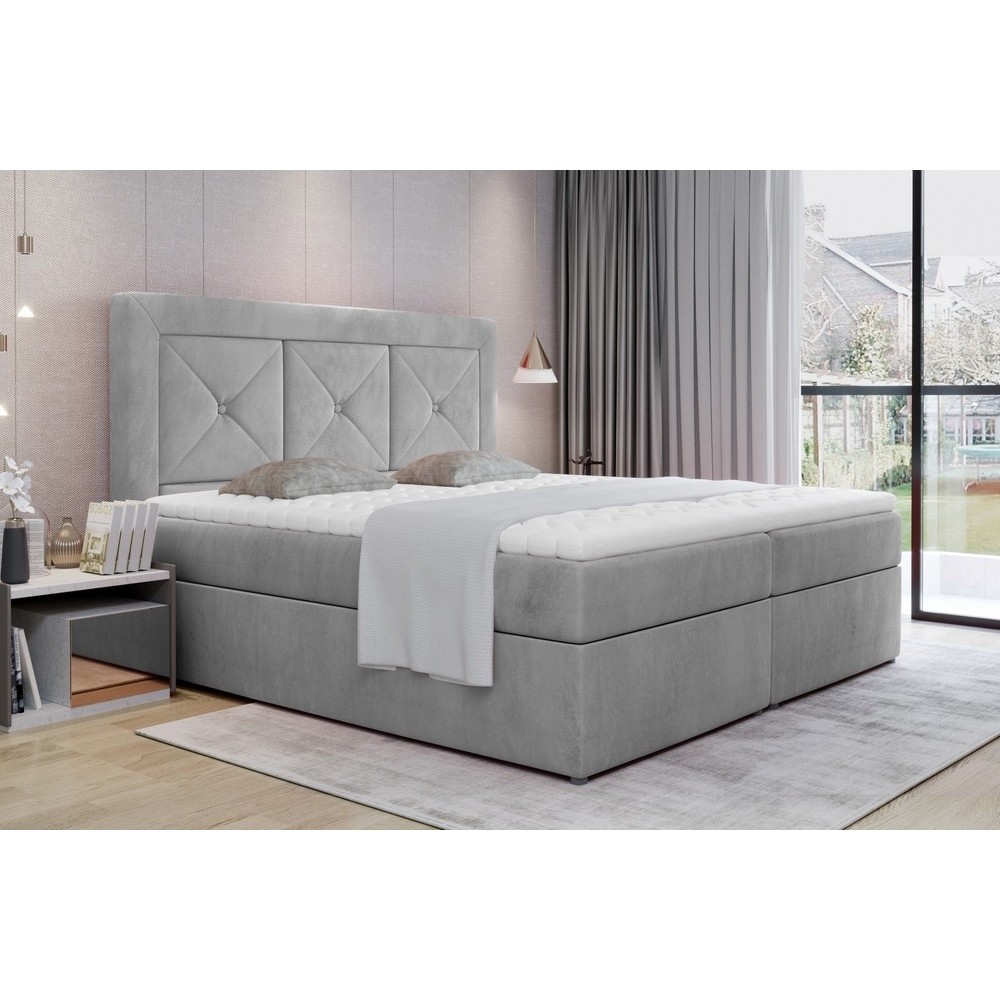 Ensemble boxspring complet tête de lit + sommiers + matelas + surmatelas IDYLLE - velours luxe gris - 140x200 cm Ensemble boxspring complet tête de lit + sommiers + matelas + surmatelas IDYLLE - velours luxe gris - 140x200 cm