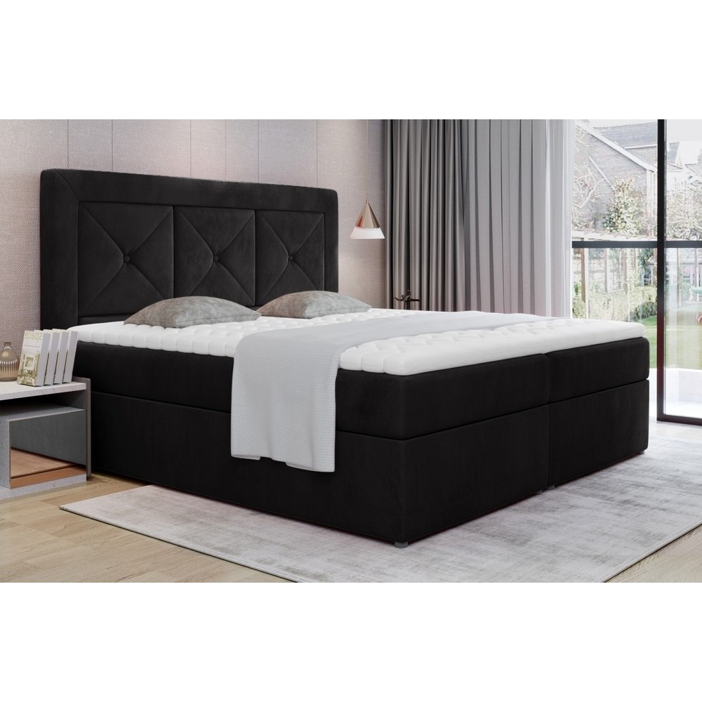 Ensemble boxspring complet tête de lit + sommiers + matelas + surmatelas IDYLLE - velours luxe noir - 140x200 cm Ensemble boxspring complet tête de lit + sommiers + matelas + surmatelas IDYLLE - velours luxe noir - 140x200 cm