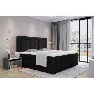 Ensemble boxspring complet tête de lit + sommiers + matelas + surmatelas IDYLLE - velours luxe noir - 180x200 cm