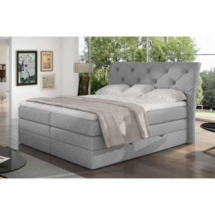 Ensemble boxspring complet tête de lit + sommiers + matelas + surmatelas MIRO tissu luxe gris - 180x200 cm