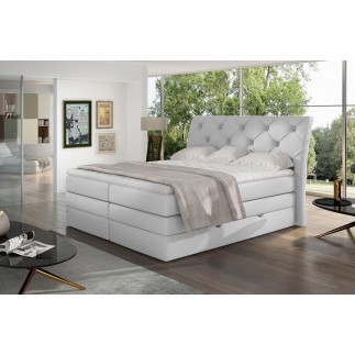 Ensemble boxspring complet tête de lit + sommiers + matelas + surmatelas MIRO en simili blanc - 140x200 cm