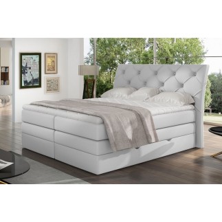 Ensemble boxspring complet tête de lit + sommiers + matelas + surmatelas MIRO en simili blanc - 160x200 cm