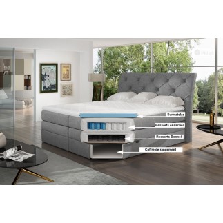 Ensemble boxspring complet tête de lit + sommiers + matelas + surmatelas MIRO en simili blanc - 180x200 cm