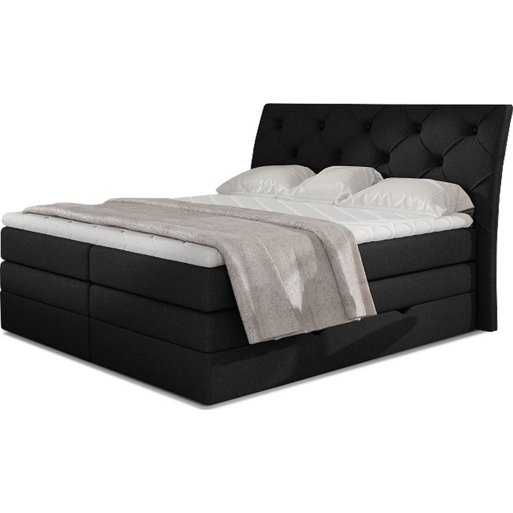 Ensemble boxspring complet tête de lit + sommiers + matelas + surmatelas MIRO tissu luxe noir - 160x200 cm Ensemble boxspring complet tête de lit + sommiers + matelas + surmatelas MIRO tissu luxe noir - 160x200 cm