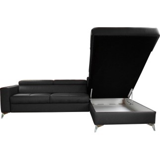 Canapé d'angle convertible en 100% TOUT cuir épais italien de luxe 5/6 places avec coffre, MONZA, noir, angle droit