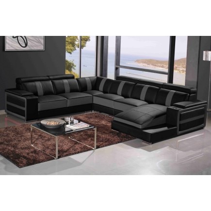 Canapé d'angle cuir buffle italien 7/8 places , LEONARDO, couleur noir et gris foncé, angle gauche