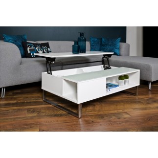 Table basse design réglable en hauteur, bois laqué blanc et verre, AZEMA
