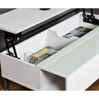 Table basse design réglable en hauteur, bois laqué blanc et verre, AZEMA