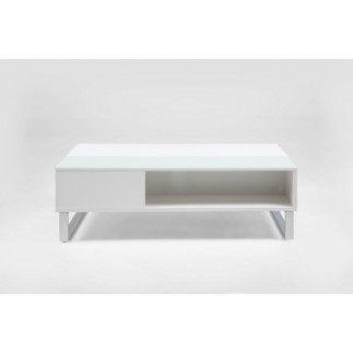 Table basse design réglable en hauteur, bois laqué blanc et verre, AZEMA