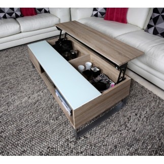 Table basse design réglage en hauteur, en bois clair et verre, AVENA