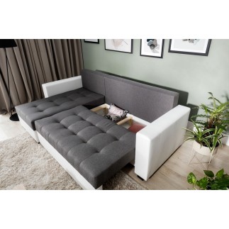 Canapé d'angle convertible - en tissu qualité gris foncé et gris clair, 4/5 places, avec coffre, angle gauche (vu de face), NEST