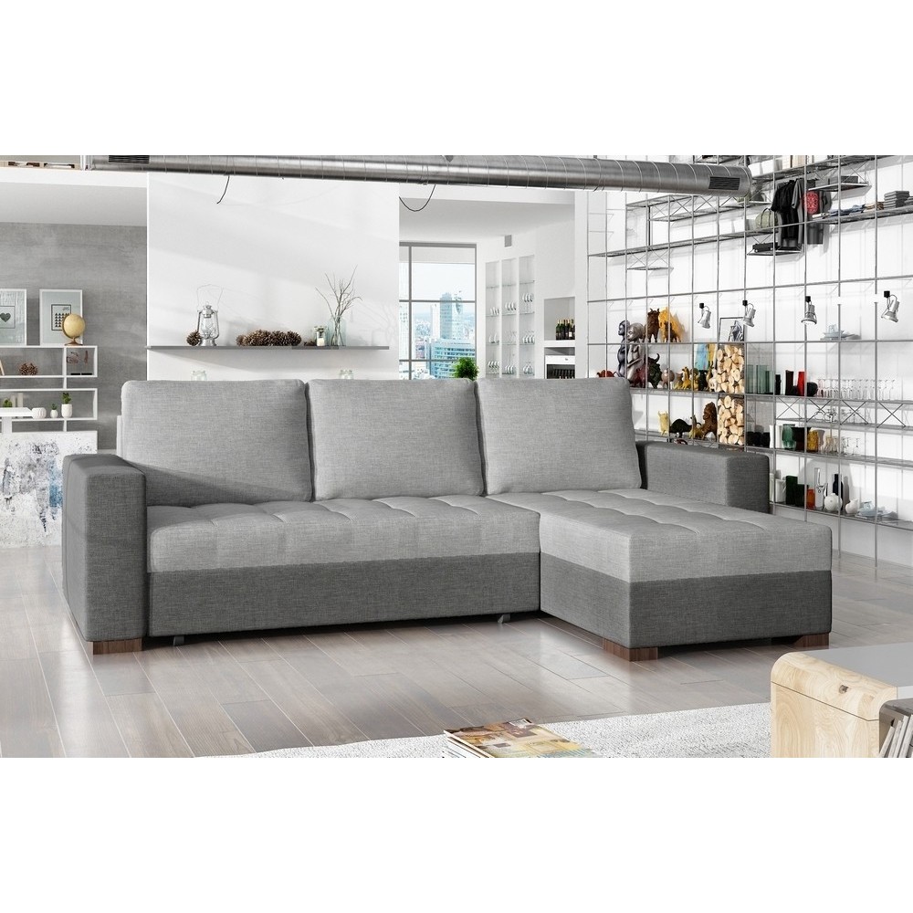 Canapé d'angle convertible en tissu qualité gris clair et gris foncé, 4/5 places, avec coffre, angle droit (vu de face), NESTOR Canapé d'angle convertible en tissu qualité gris clair et gris foncé, 4/5 places, avec coffre, angle droit (vu de face), NESTOR