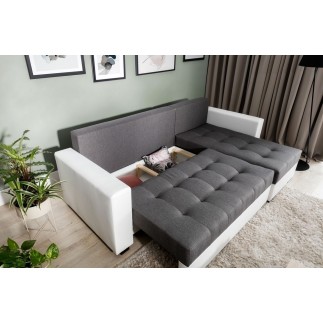 Canapé d'angle convertible en tissu qualité gris clair et gris foncé, 4/5 places, avec coffre, angle droit (vu de face), NESTOR