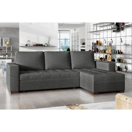 Canapé d'angle convertible en tissu qualité gris foncé, 4/5 places, avec coffre, angle droit (vu de face), NESTOR