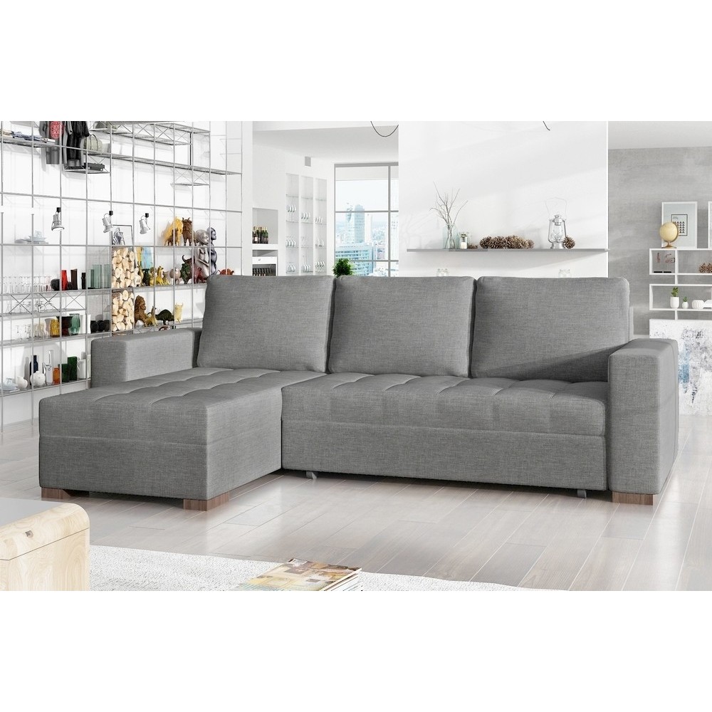 Canapé d'angle convertible - en tissu qualité gris clair, 4/5 places, avec coffre, angle gauche (vu de face), NESTOR Canapé d'angle convertible - en tissu qualité gris clair, 4/5 places, avec coffre, angle gauche (vu de face), NESTOR