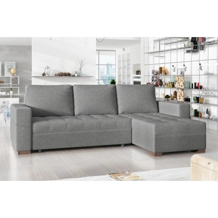Canapé d'angle convertible en tissu qualité gris clair, 4/5 places, avec coffre, angle droit (vu de face), NESTOR