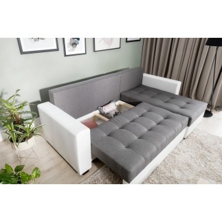 Canapé d'angle convertible en tissu qualité gris clair, 4/5 places, avec coffre, angle droit (vu de face), NESTOR