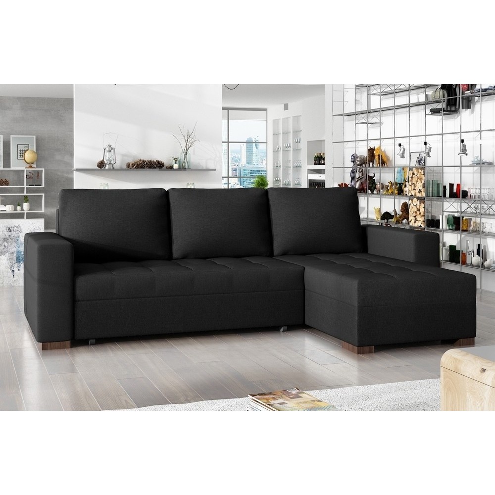 Canapé d'angle convertible - en tissu qualité noir, 4/5 places, avec coffre, angle droit (vu de face), NESTOR Canapé d'angle convertible - en tissu qualité noir, 4/5 places, avec coffre, angle droit (vu de face), NESTOR