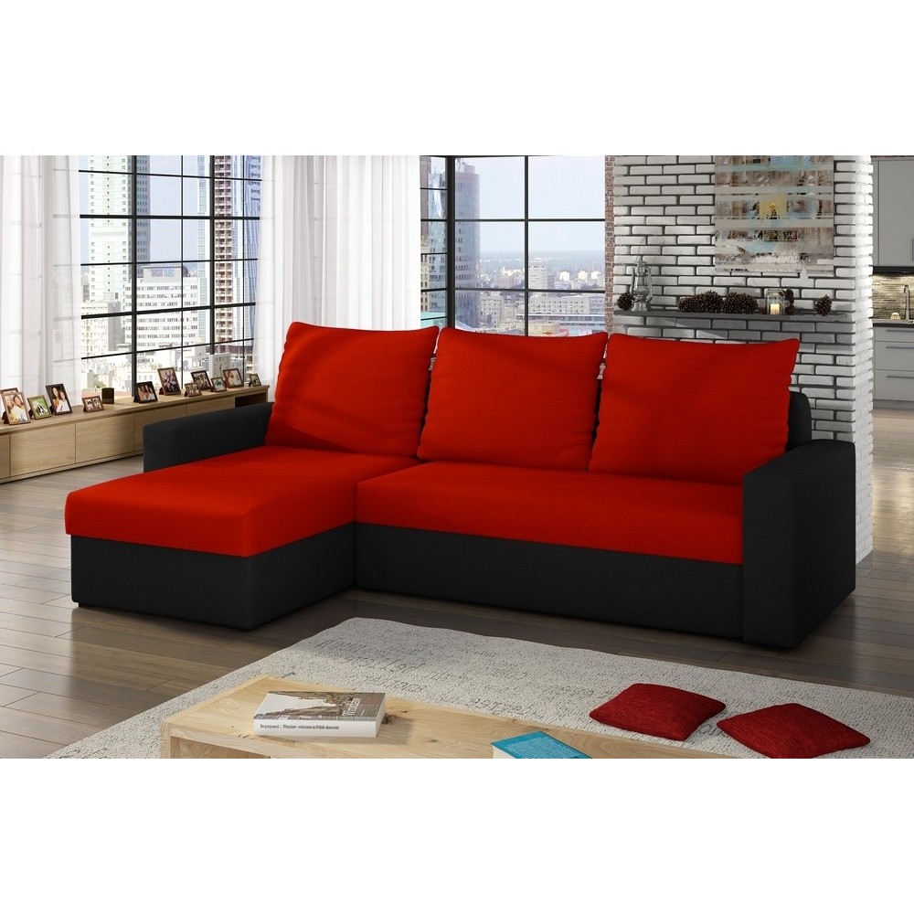 Canapé d'angle convertible en tissu, rangement, rouge/noir, angle gauche (vu de face), LIMA, 4 places Canapé d'angle convertible en tissu, rangement, rouge/noir, angle gauche (vu de face), LIMA, 4 places