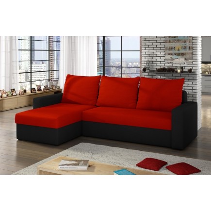 Canapé d'angle convertible en tissu, rangement, rouge/noir, angle gauche (vu de face), LIMA
