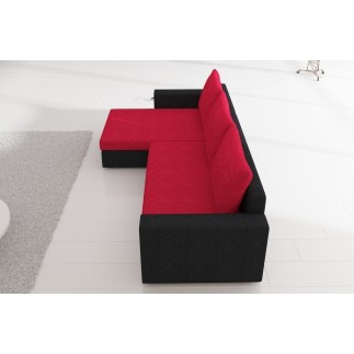 Canapé d'angle convertible en tissu, rangement, rouge/noir, angle gauche (vu de face), LIMA