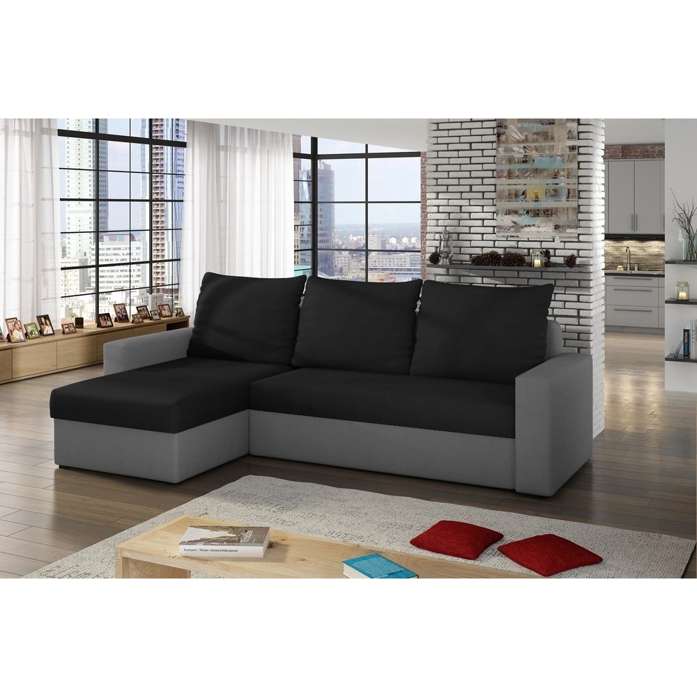 Canapé d'angle convertible - en tissu, rangement, noir/gris, angle gauche (vu de face), LIMA, 4 places Canapé d'angle convertible - en tissu, rangement, noir/gris, angle gauche (vu de face), LIMA, 4 places