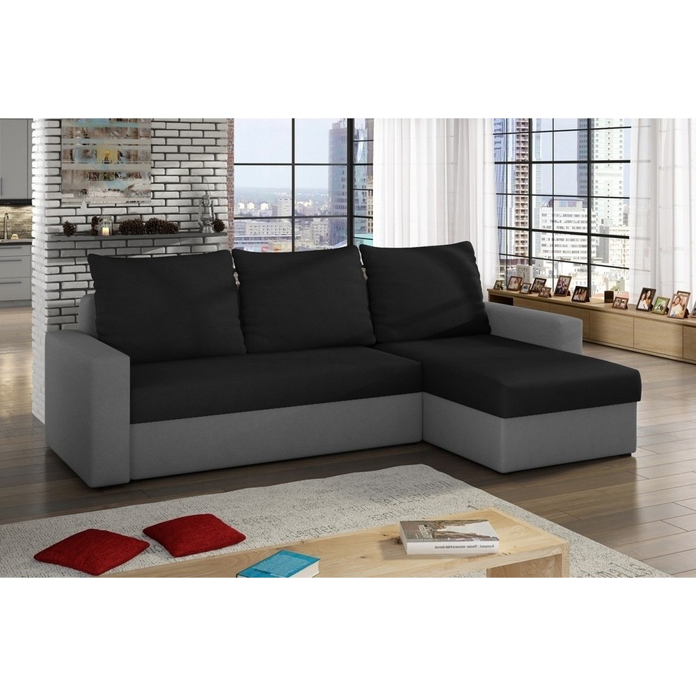 Canapé d'angle convertible en tissu, rangement, noir/gris, angle droit (vu de face), LIMA, 4 places Canapé d'angle convertible en tissu, rangement, noir/gris, angle droit (vu de face), LIMA, 4 places
