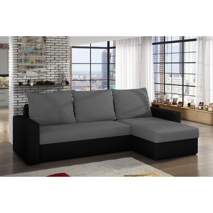 Canapé d'angle convertible en tissu, rangement, gris/noir, angle droit (vu de face), LIMA, 4 places