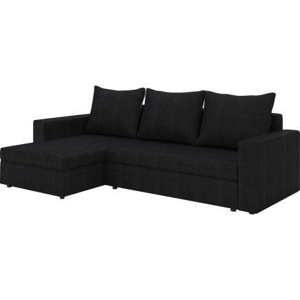 Canapé d'angle convertible en tissu, rangement, noir uni, angle gauche (vu de face), LIMA