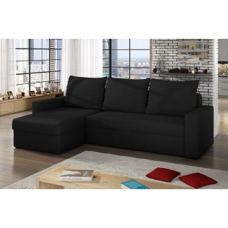 Canapé d'angle convertible en tissu, rangement, noir uni, angle gauche (vu de face), LIMA, 4 places