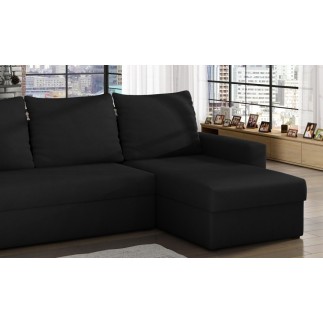 Canapé d'angle convertible en tissu, rangement, noir uni, angle droit (vu de face), LIMA