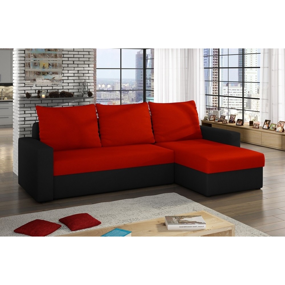 Canapé d'angle convertible en tissu, rangement, rouge/noir, angle droit (vu de face), LIMA, 4 places Canapé d'angle convertible en tissu, rangement, rouge/noir, angle droit (vu de face), LIMA, 4 places