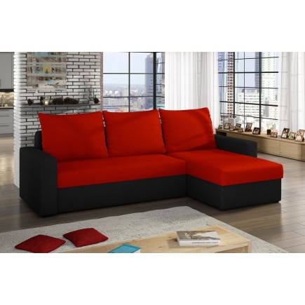 Canapé d'angle convertible en tissu, rangement, rouge/noir, angle droit (vu de face), LIMA