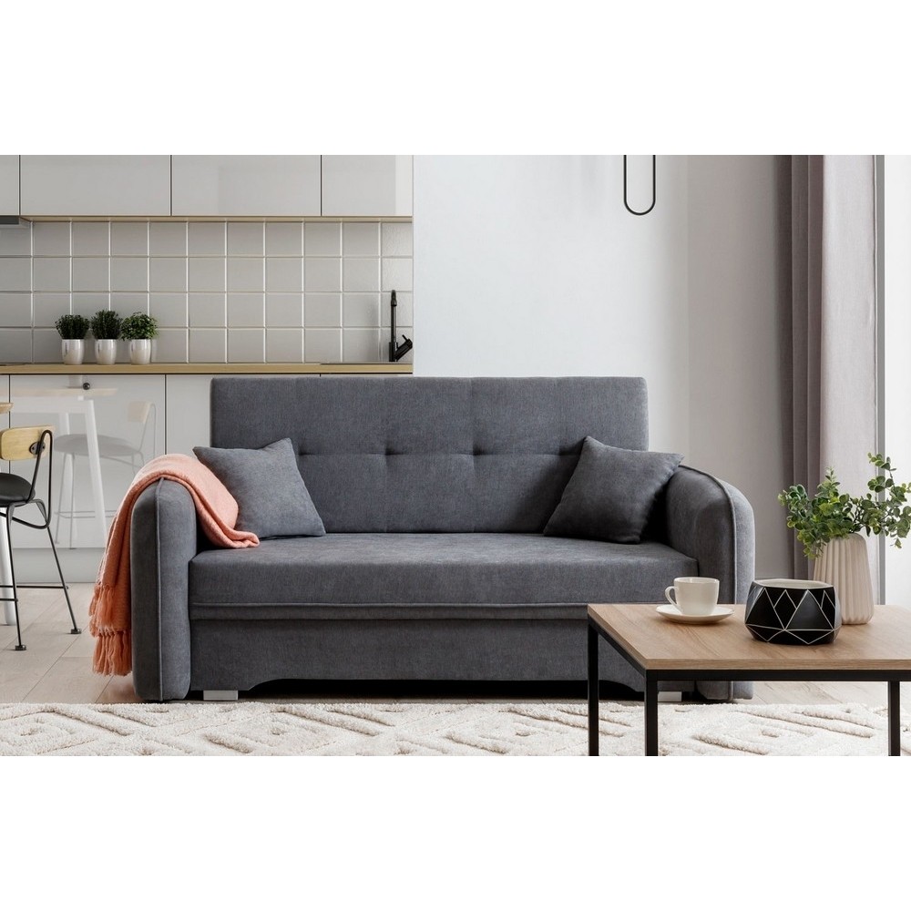 Joli canapé convertible avec rangement en tissu gris foncé, LAURENT, 2 places Joli canapé convertible avec rangement en tissu gris foncé, LAURENT, 2 places