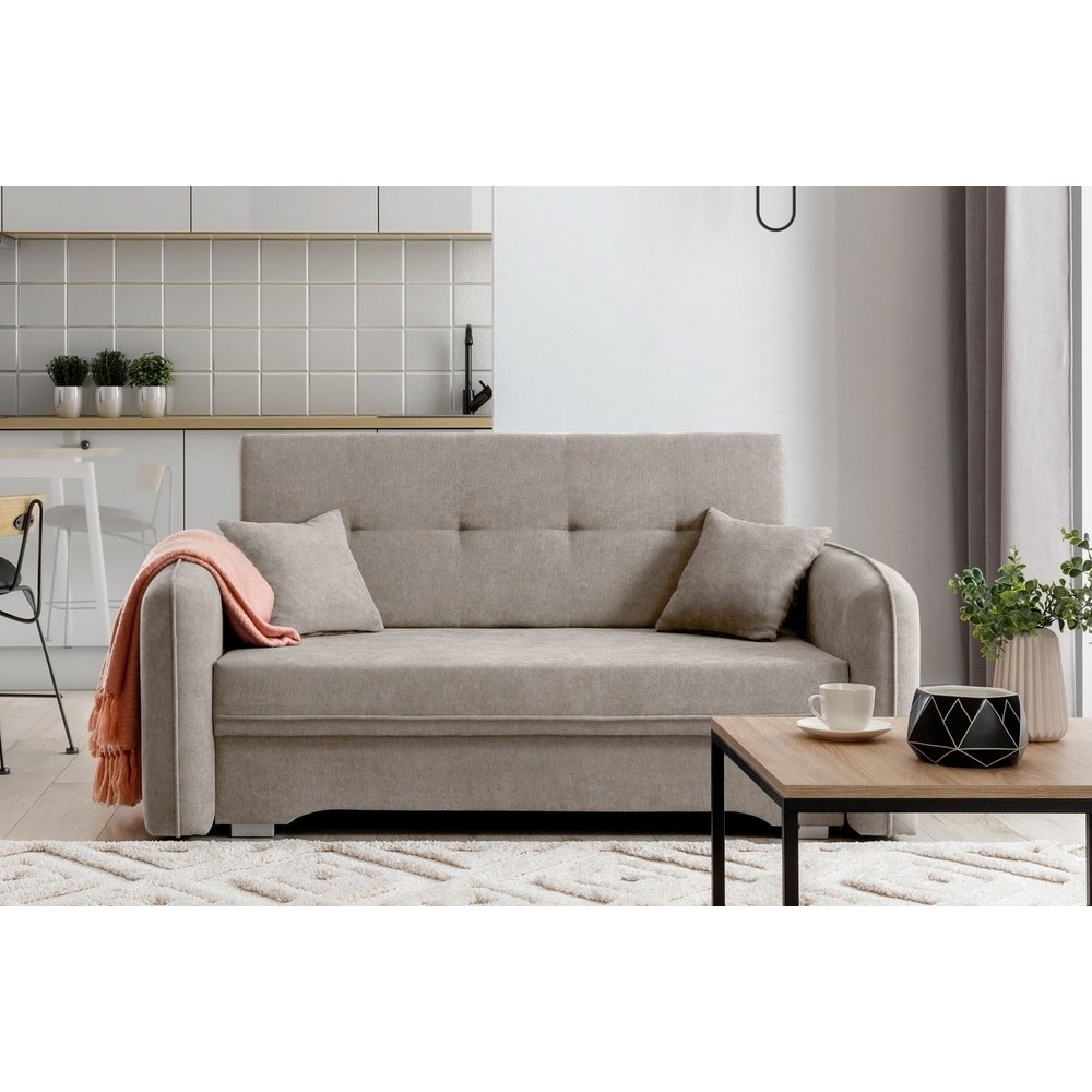 Joli canapé convertible avec rangement en tissu beige, LAURENT, 2 places Joli canapé convertible avec rangement en tissu beige, LAURENT, 2 places