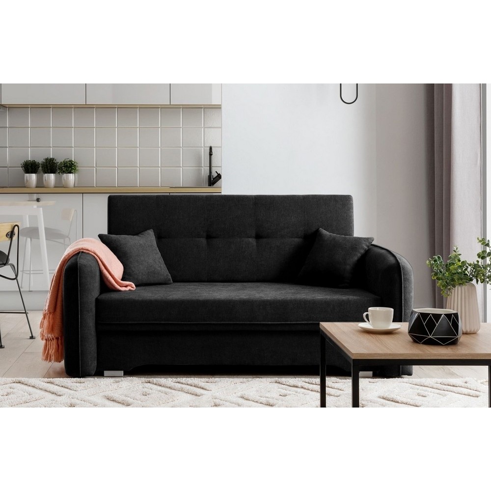 Joli canapé convertible avec rangement en tissu noir, LAURENT, 2 places Joli canapé convertible avec rangement en tissu noir, LAURENT, 2 places