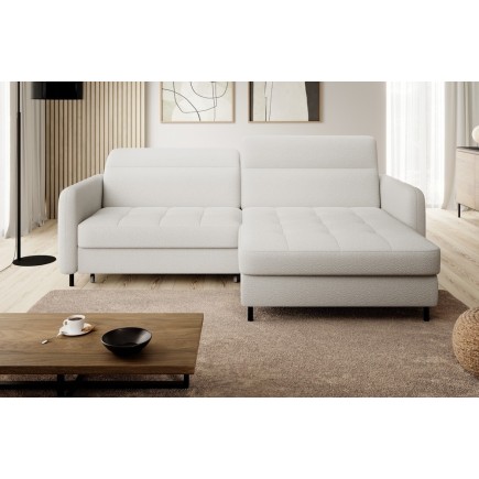 Canapé d'angle convertible en tissu, avec rangement, blanc, angle droit, GOVIA