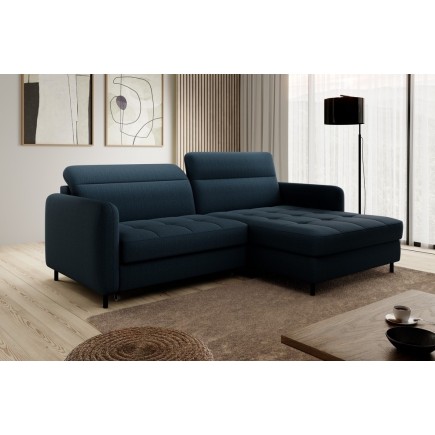 Canapé d'angle convertible en tissu, avec rangement, bleu, angle droit, GOVIA