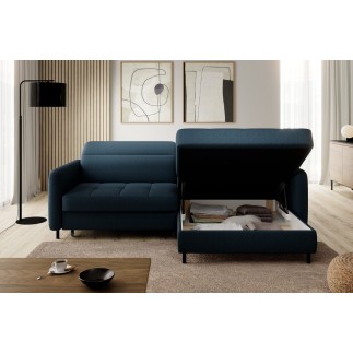 Canapé d'angle convertible en tissu, avec rangement, bleu, angle droit, GOVIA
